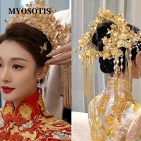 retro chinese pearl gold flower wedding hair crown tassel floral bridal headdress headpiece stage show head accessories