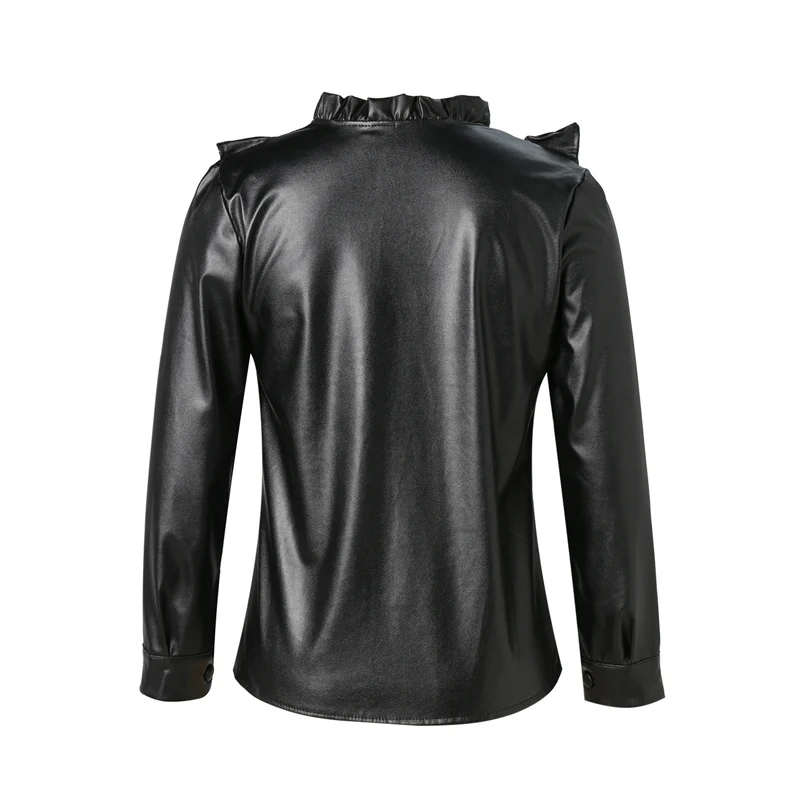 

2021 Women Blouse Long Sleeve Ruffles Casual O-Neck Slim Fit Single Breasted Button Up Office Ladies Elegant Streetwear