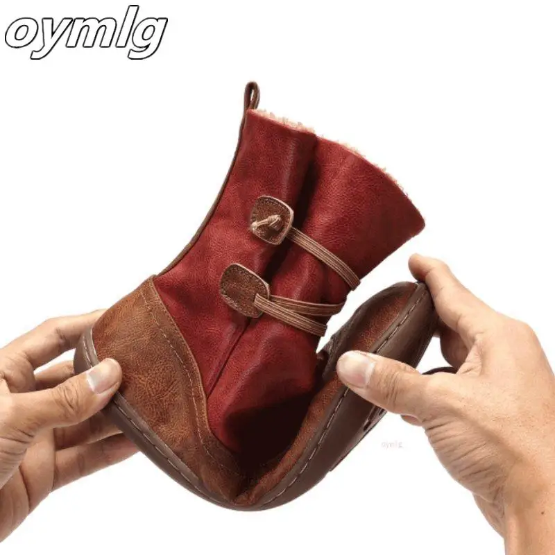 

Women Boots Retro Plush Warm Flat Heel Non-Slip Boots Color Patchwork Winter Casual Shoes Round Toe Slip On Ladies Snow Boots