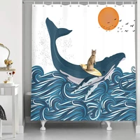 funny cat shower curtain blue ocean cat whale surfing pattern bathtub screen waterproof with hooks bathroom showe curtain