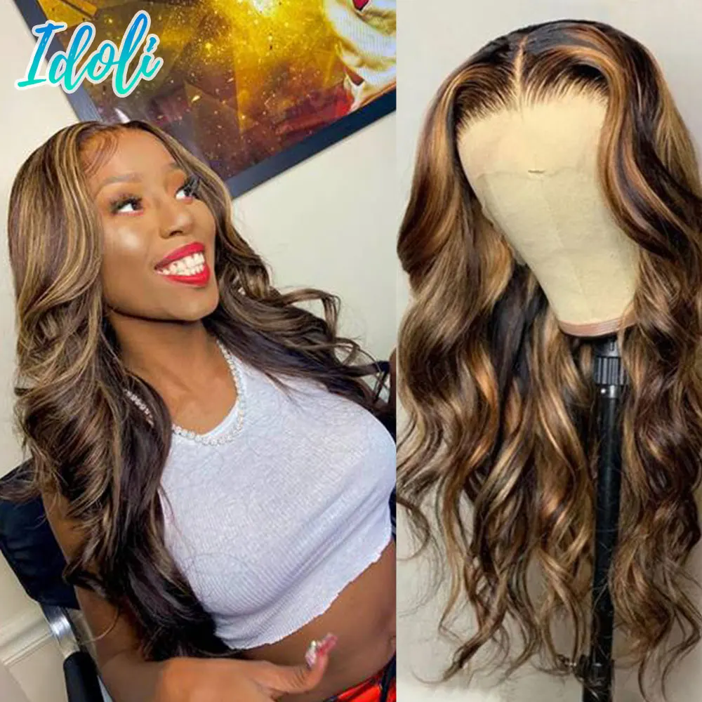

Body Wave Lace Front Wigs Highlight Honey Blonde Brown Brazilian Remy Human Hair Wig For Woman 180% Density Lace Closure Wigs