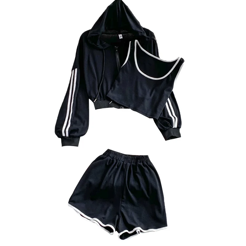 

Girl Sportswear Autumn Short Zipper Hoodie Jacket Suspender Vest Three Piece Set High Waist Shorts Wide Leg Hot-pants Women