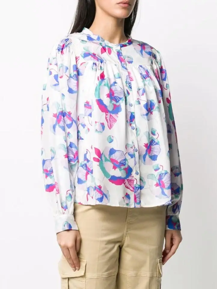 Женская винтажная блузка [ElfStyle] с цветочным принтом шелковая рубашка воротником