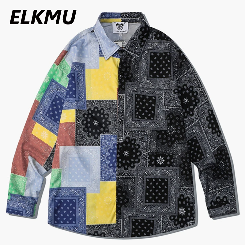 

ELKMU Bandana Paisley Pattern Patchwork Shirt Mens Long Sleeve Shirts Jackets Hip Hop Streetwear Mens Autumn Shirt Unisex HM618