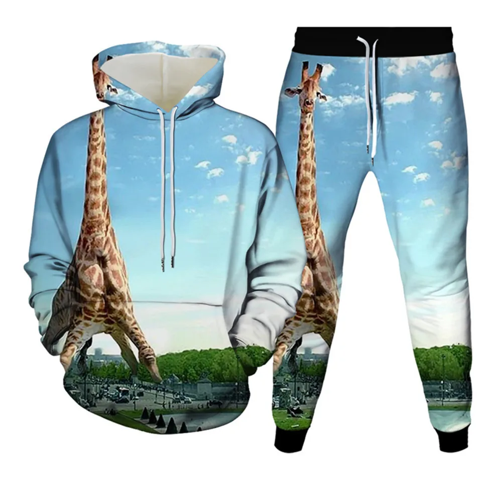 

Two Piece Set Women Animal Giraffe Print Hoody Coat Top Hoodies+ Pants Tracksuit Suits Men Casual Sporty Outfits Plus Size S-6XL