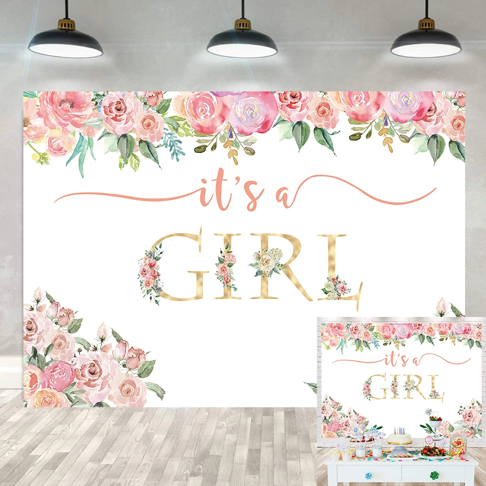 

Happy Birthday Background Girl Baby Shower Pink Flowers Photography Backdrop Party Decorations For Photo Studio Photozone