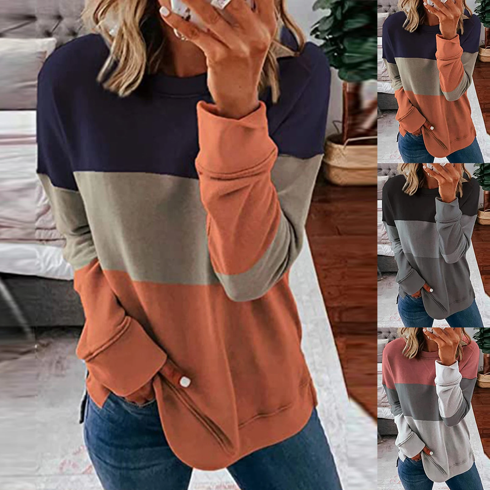 

Spring Autumn Plus Size Sweatshirt Women Stitching Color Modern Design Polyester Upper Garment for Home Hoodie Sweatshirt