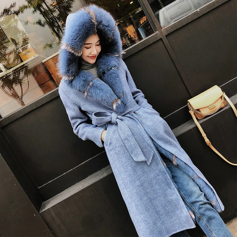 

SHZQ Double Faced Cashmere Woman Coat Real Fur Coats Winter Parkas Rex Rabbit Fur Lining Fox Fur Trimming Long Hooded Jacket Coa