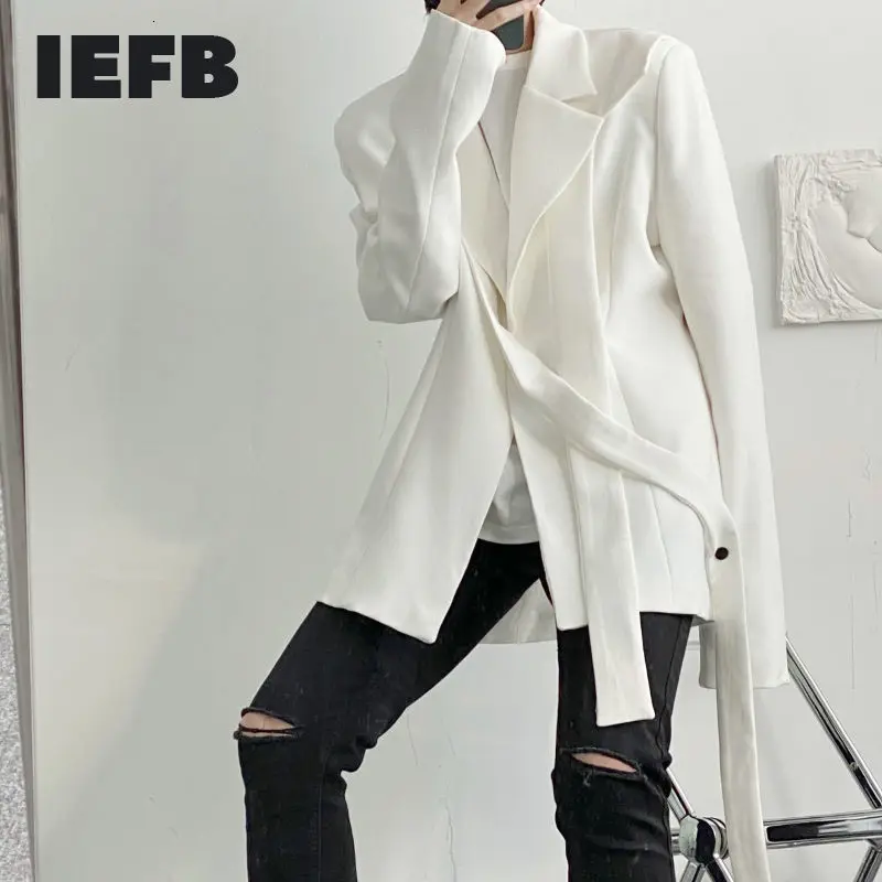 

IEFB 2022 Spring Men's Wear New Niche Asymmetric Ribbon Design Long Sleeve Suit Coat Men's Black White Japan Streetwear Blazer