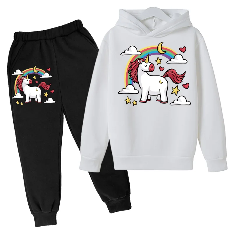 

Cute Unicorn Solid Solor Printing Hoodie Suit Cotton Kids Top+Pant 2Piece Children Clothing Set 4-14Y Fashion Girls Boys Clothes