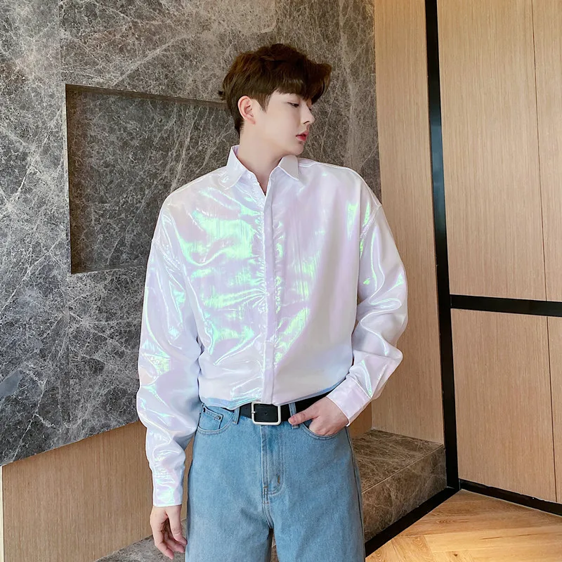 

2021 Men Dazzling Double Layer Organza Sunscreen Long Sleeve Casual Shirt Male Nightclub Stage Show Loose Shirts