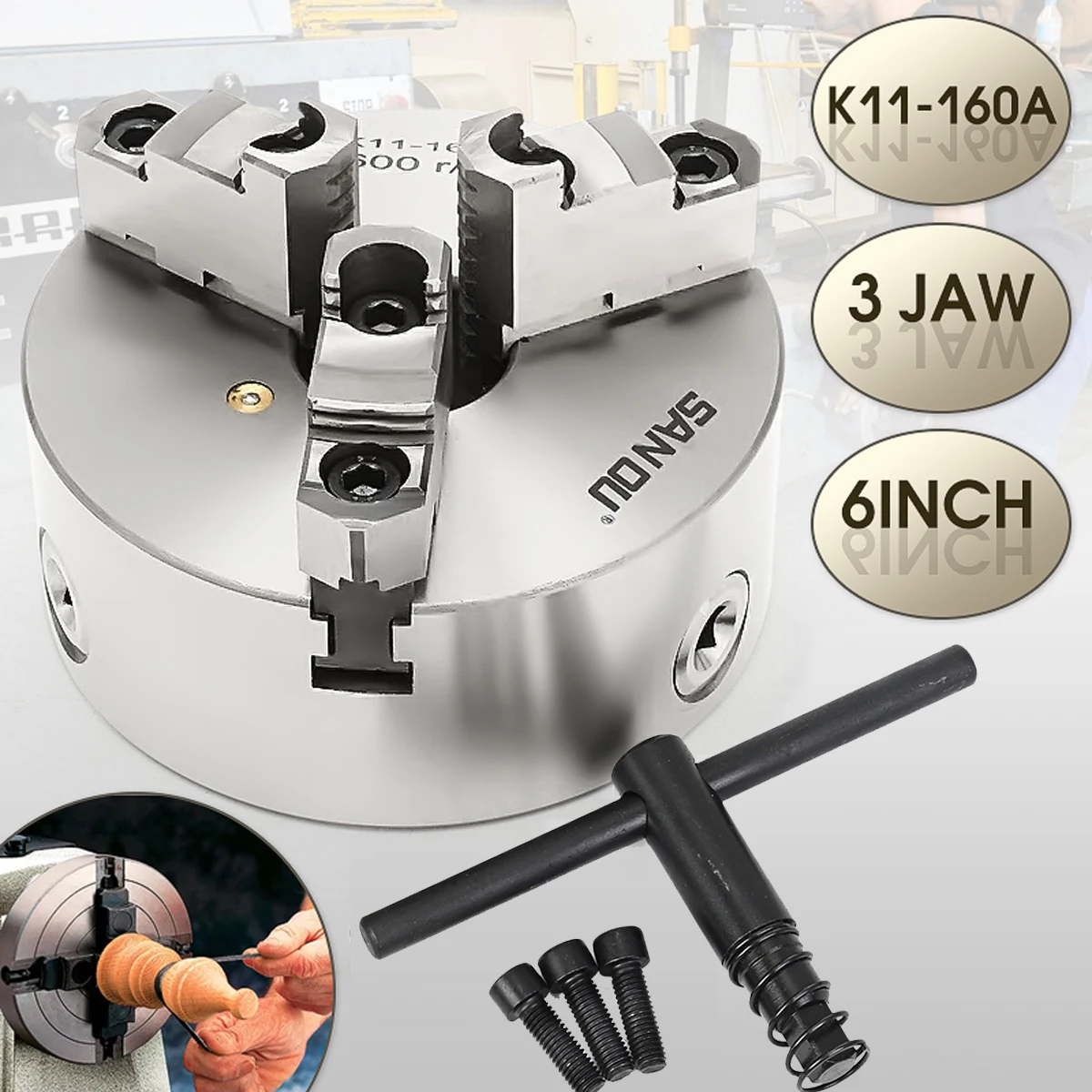 K11-160A 3 Jaw 6'' Hardened Steel Lathe Chuck Self-Centering + Mounting Bolts Safety Key for CNC Drilling Milling hine |
