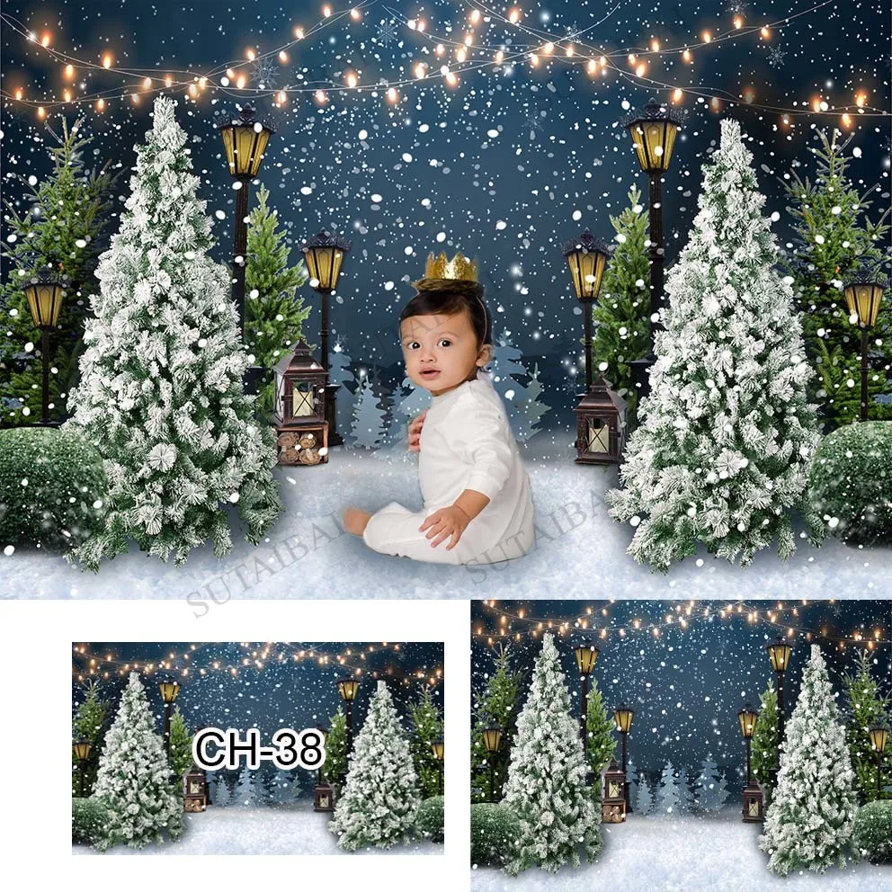 

Christmas Tree Backdrop Photography Xmas Vintage Rustic Wood Door Child Portrait Photo Background Winter Snowfield Street Lamp