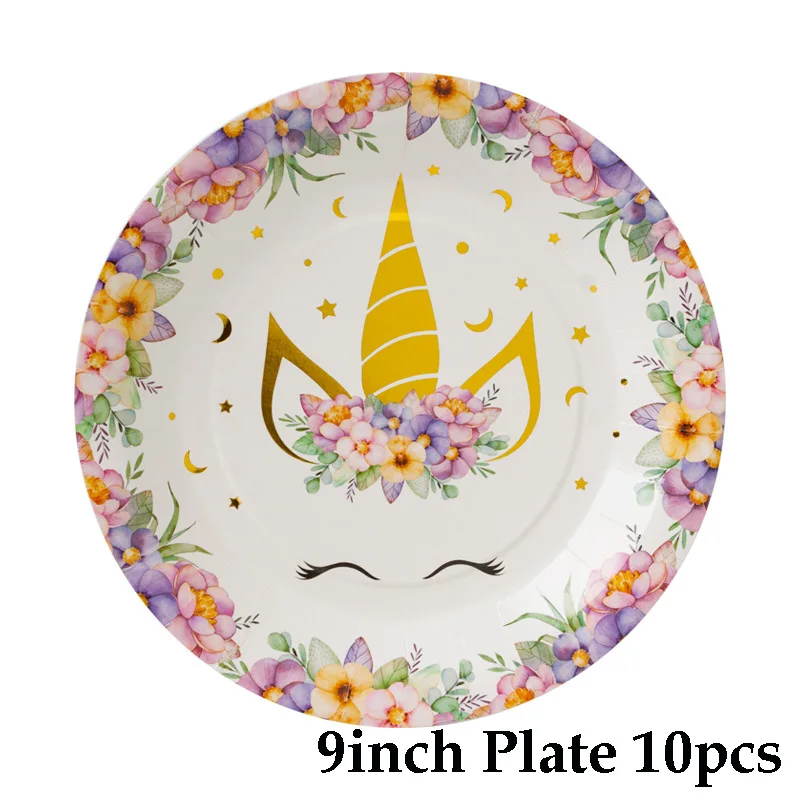 9inch plate 10pcs Розовый Единорог тема вечерние Принадлежности Декор для детского дня рождения бумажные тарелки чашка шапка с рисунком ребенок душ девочка одноразовая посуда - Цвет: 9inch plate 10pcs