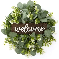 hot welcome sign with garland door decoration wooden hanging sign with artificial eucalyptus farmhouse porch decoration