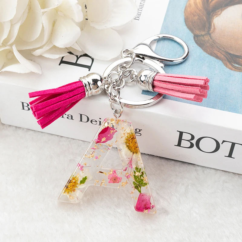

1Pc Real Dried Flower Letter Alphabet Keychain Crystal Resin Words Key Chains Car Bag Tassels Pendent Charms Gift Accessory