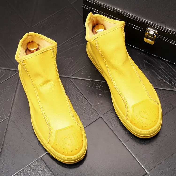 

Simple Designer Men Yellow High Top Casual Shoes Zip Short Ankle Boot White Warm Short Plush Leisure Boots Zapatos Hombre