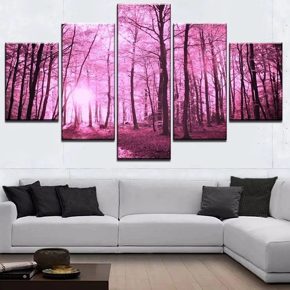 

5 Pieces Wall Art Canvas Painting Landscape Poster Pink Forest Modern Living Room Bedroom Home Decoration Modular Pictures
