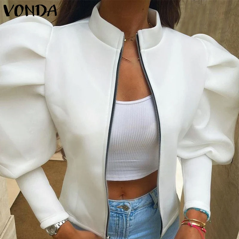 

Autumn Short Jackets Oversized VONDA Women 2021 Gigot Sleeve Zip-up Stand Collar Coats Spring Autumn Outerwear Veste Female