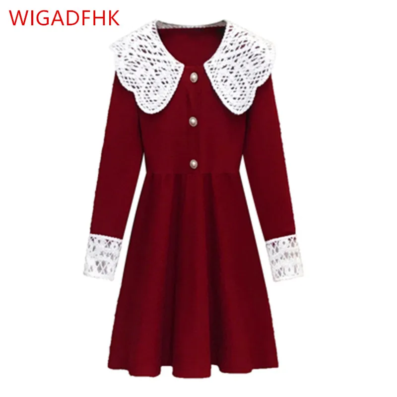 

Lace Stitching Doll Collar Long-sleeved Knitted Dress For Fall/winter 2021 Women's Plus Size Casual Loose Elegant Sweater Dress