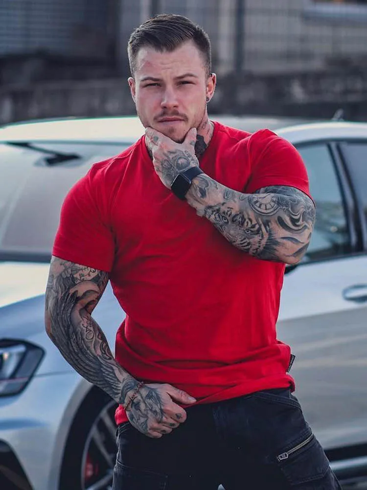 

New Men's Cotton Slim Round Neck Half Sleeve Thin Solid Color Ropa Homber Summer Fashion Trend Gym Training T-Shirt