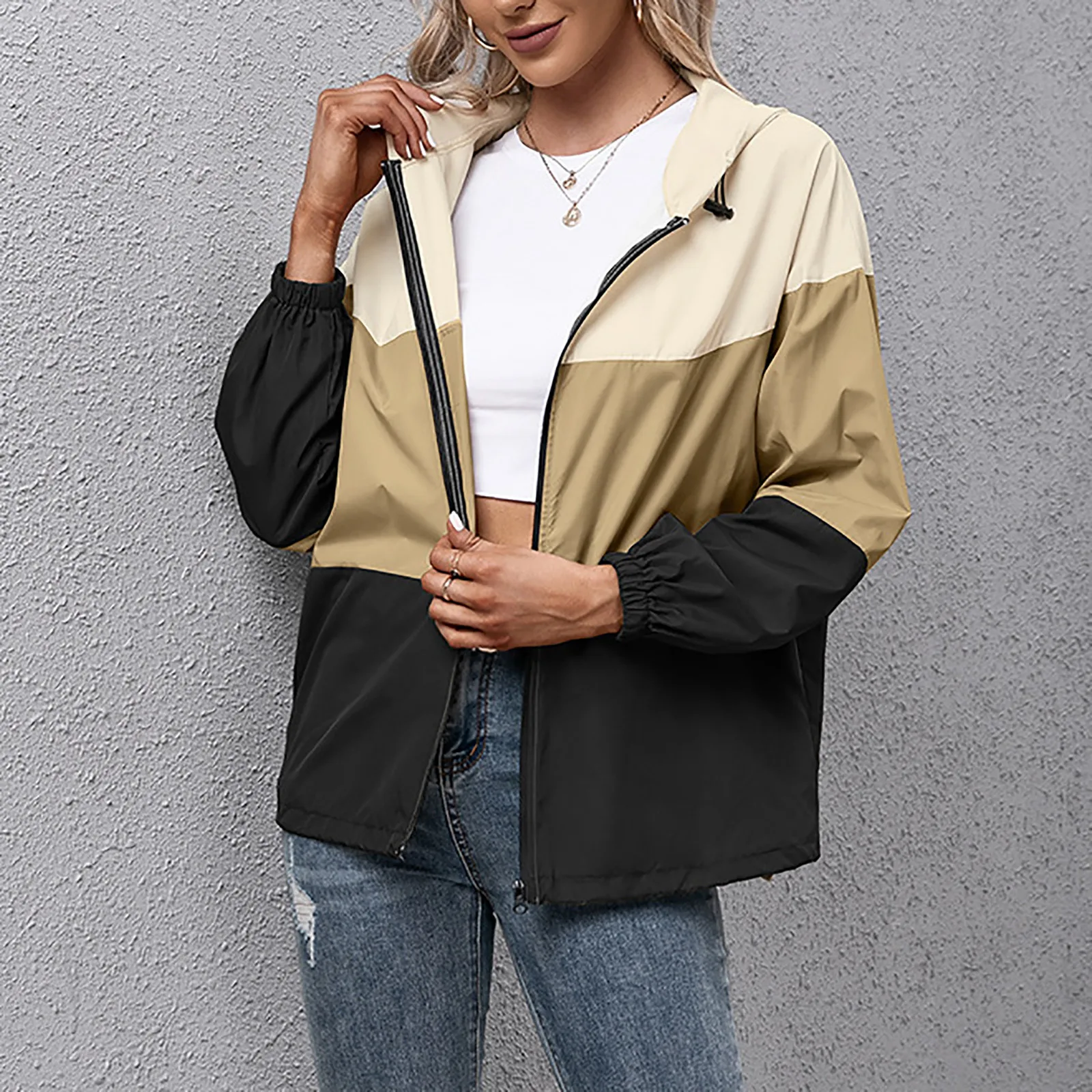 

Women's Fashion Color Matching Outdoor Sports Zipper Pocket Windproof And Rainproof Hooded Windbreaker Pocket Jacket Casaco#p3