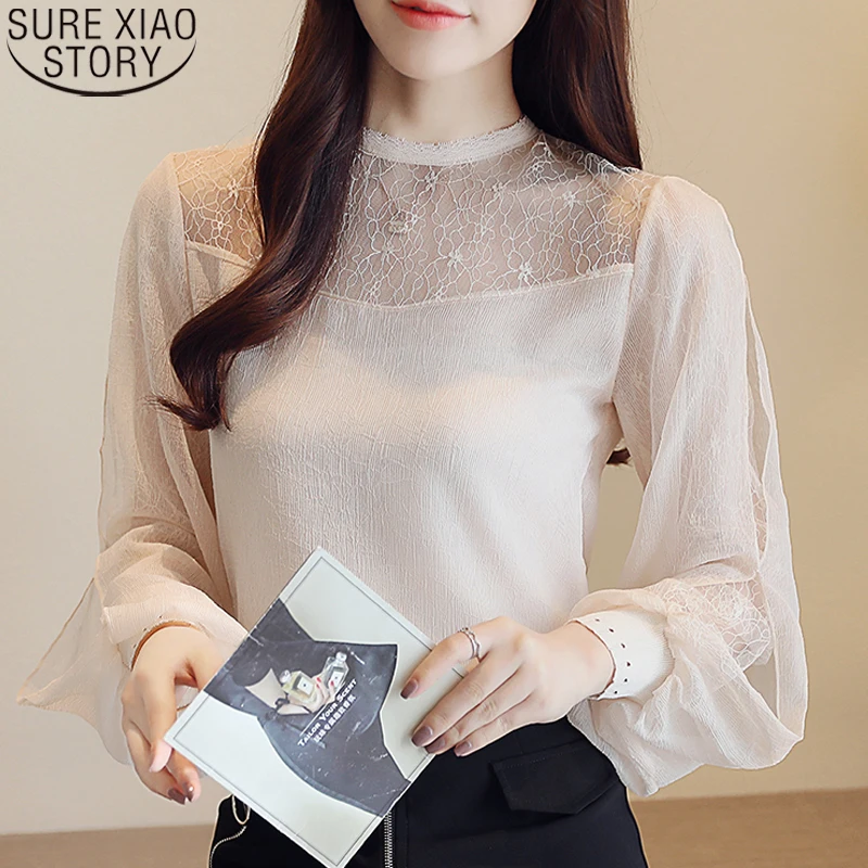 

Autumn Lace Chiffon Shirts Women Casual Loose Ladies Tops Fashion 2021 New Stand Collar Long Sleeve Blouse Apricot Blusas 10701