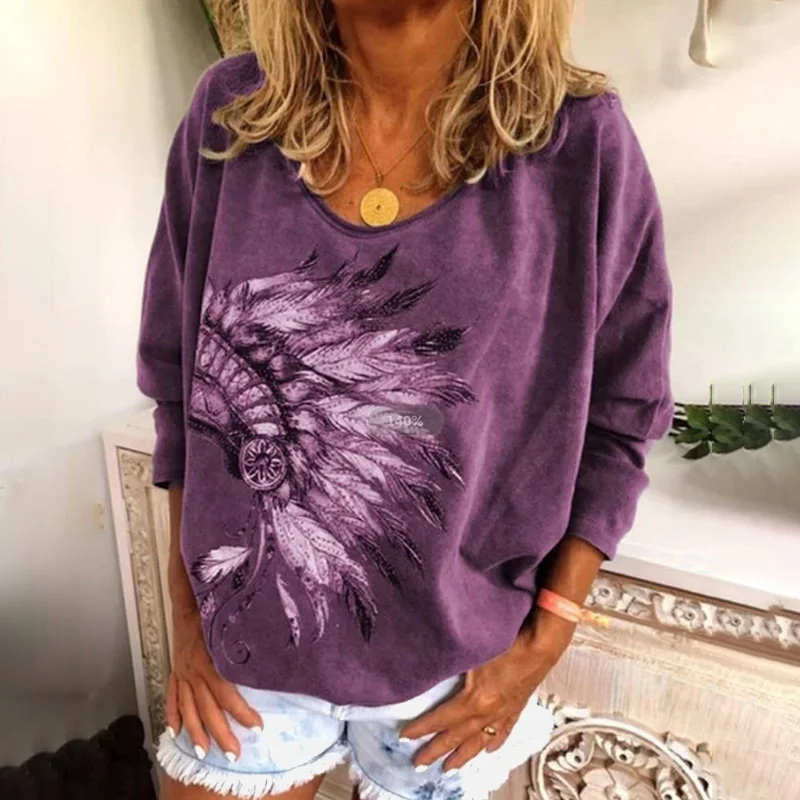 Женская футболка с длинным рукавом летучая мышь принтом перьев свободного