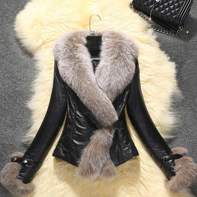 Осенне-зимние женские зауженные кожаные куртки с коротким воротником из лисьего меха, утолщенное теплое женское модное пальто