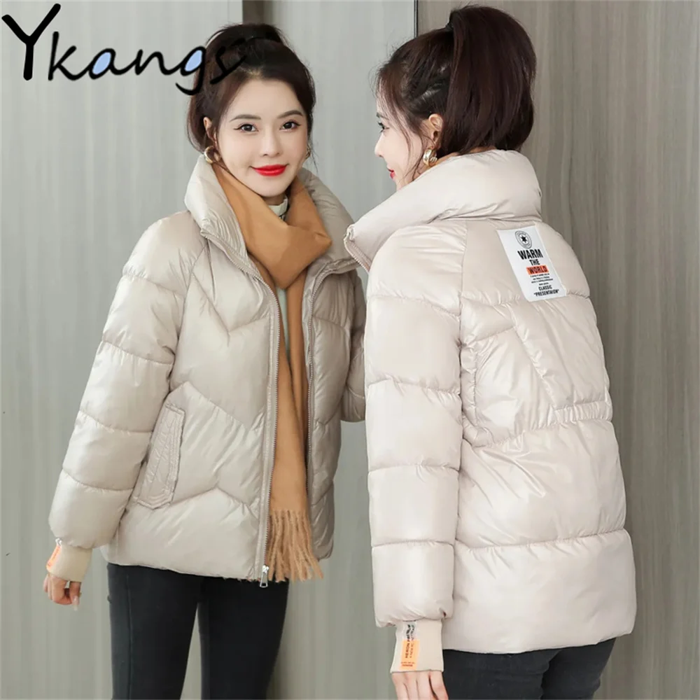 

Черная глянцевая женская куртка, свободная хлопковая одежда Женская Повседневная Базовая парка воротником-стойкой зимние теплые пальто ст...