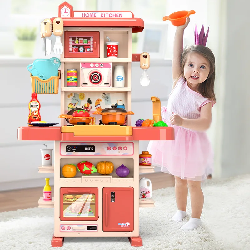 

75cm Large Children's Play House Kitchen Kitchenware Set Spray Kitchen Girl Baby Mini Food Cooking Toys Simulation Dining Table