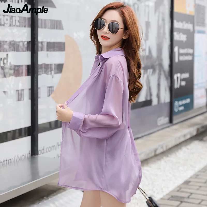 

Women Sun-proof Clothing Summer 2021 Lady Fashion Split Solid Full Sleeve Thin Shirt Woman's Graceful Purple Sunscreen Coats