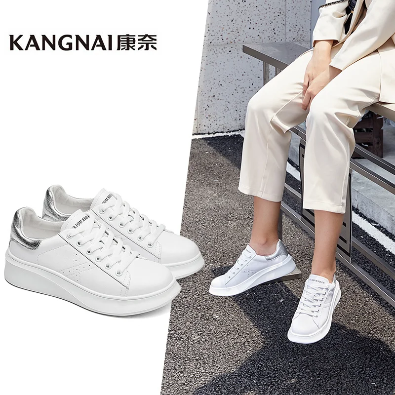 

KANGNAI Women Shoes White Flat Round Toe Patchwork Female Sneaker Lace-Up Breathable Casual Shoes