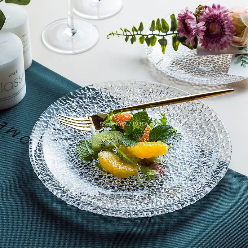 

New Creative Ice Flower Glass Fruit Plate Set, Household Dessert Glass Plate, Kitchen High-quality Glass Tableware