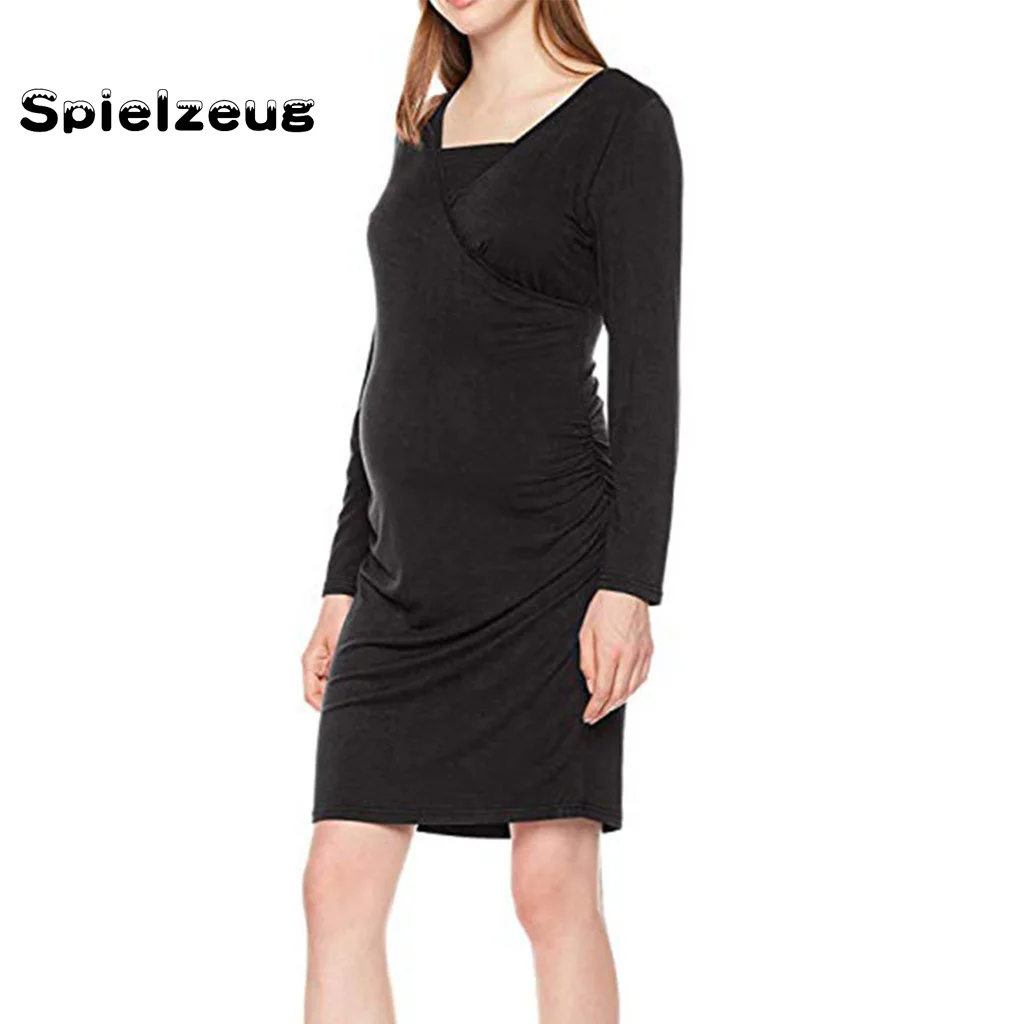 Осеннее женское платье для беременных с длинными рукавами однотонные платья
