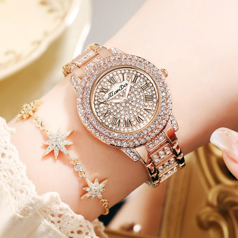 New Luxury Women Rose Gold Watch Fashion Ladies Quartz Diamond Wristwatch Elegant Female Bracelet Watches 2pcs Set Reloj Mujer