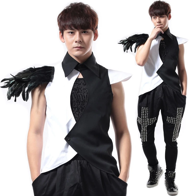 

Club Male Singer Bar DJ Shirt Rock Punk DS Clothing Feather Vest DS Performance Costumes Male Ropa De Hombre 2020
