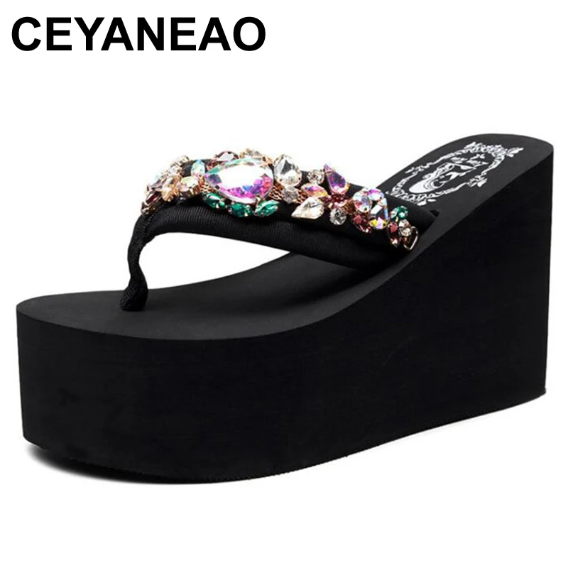 

CEYANEAONew Slippers Women Manuel Rhinestone Pearl Boho Wedge Shoes Summer Bohemian Style Women Open Toe Breathable Beach Sandal