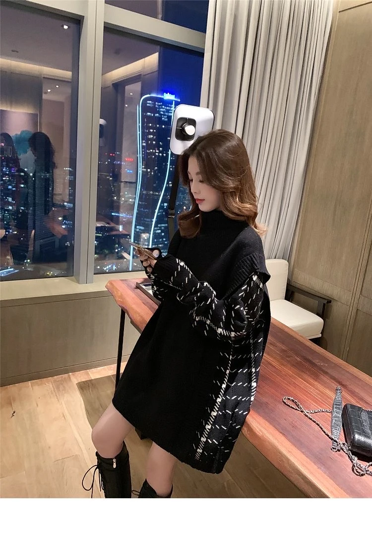 

new high neck stitching fake two-piece sweater loose and lazy style Fashion women sweater 2020 autumn and winter