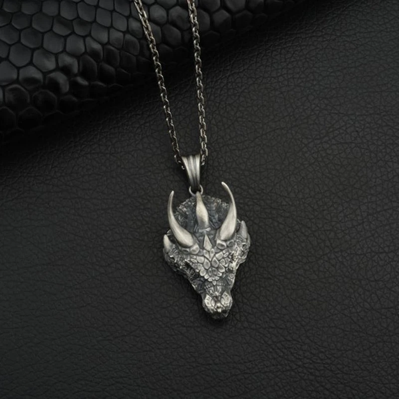 

2021 New Vintage Gothic Men Dragon Head Pendant Necklace Punk Anima Dragon Male Pendant 2020 trend