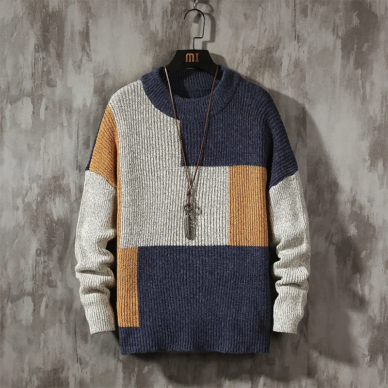 

Men's Sweater 2021 Autumn Winter New Fashion Color Block Pullover Men's Casual Knitted Sweater Men High Quality Street Trend