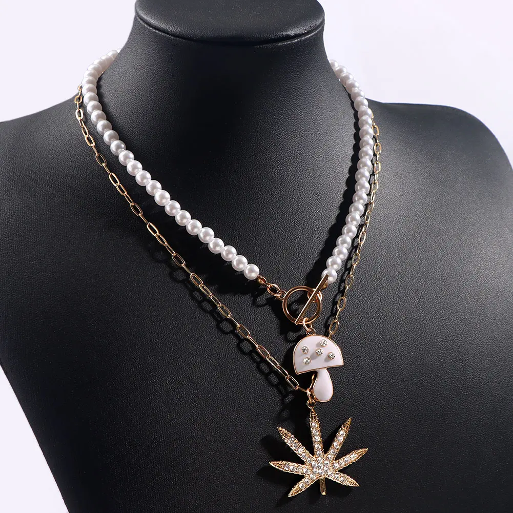 

Flatfoosie Multilayer Maple Leaf Crystal Pendant Necklace for Women Trendy Mushroom OT Buckle Pearl Chain Necklace 2021 Jewelry