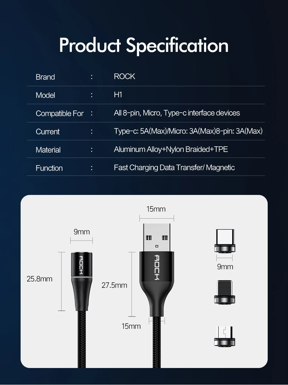 Магнитный кабель ROCK 2M 5A Micro usb type C для iPhone 7 XS samsung S8 Быстрая зарядка магнитные кабели для мобильных телефонов