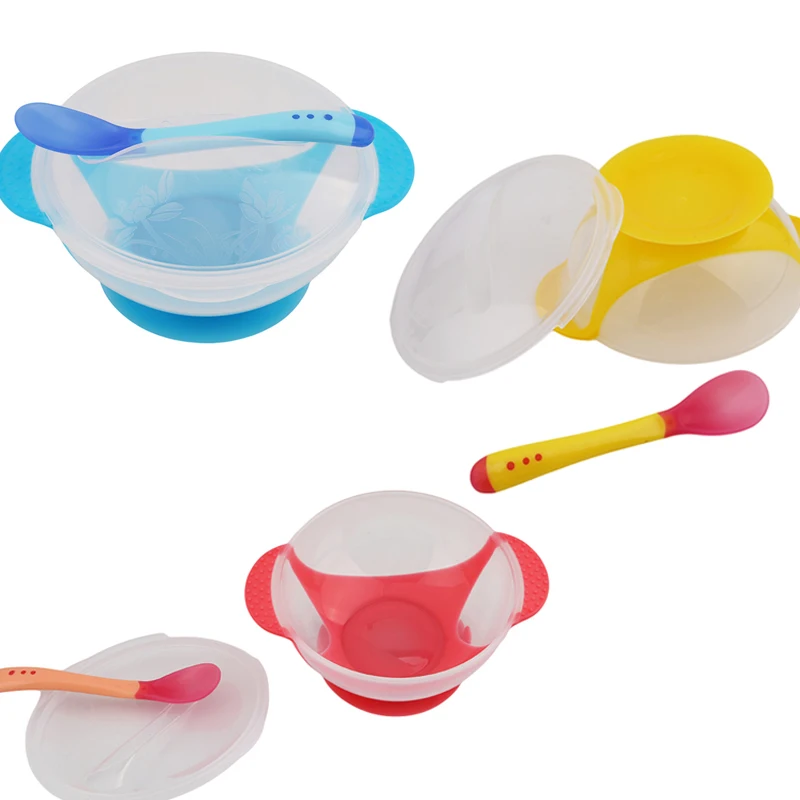 

New Toddler Baby Feeding Training Bowl With Spoon Set Cartoon Binaural Baby Feeding Tableware Kids Plate Sucker Bowl Sets