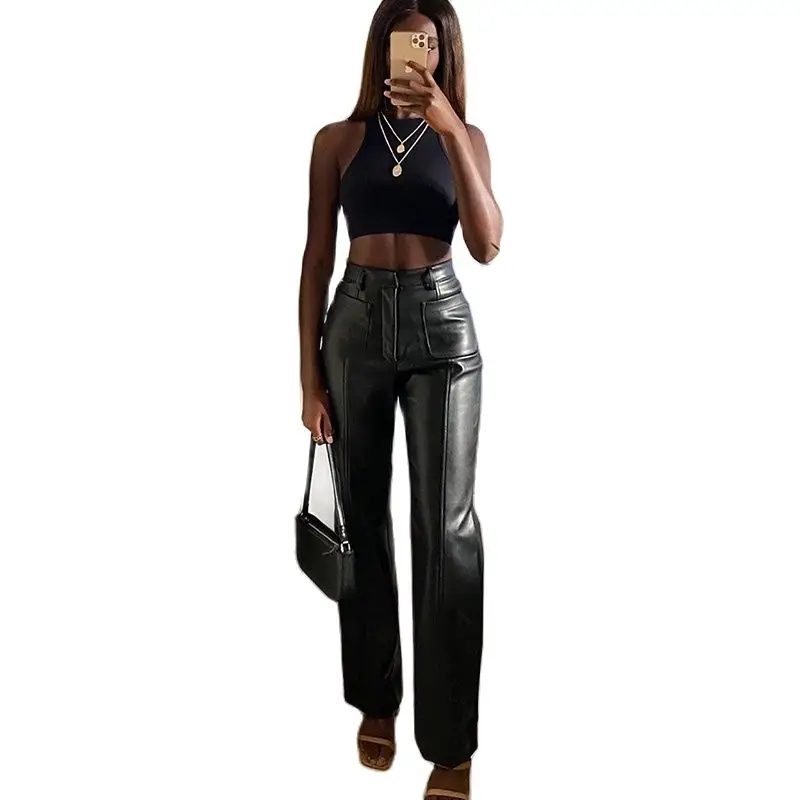 

Black L Women Faux Leather Pant Pockets Straight Pant Trousers Autumn Elegant High Waist Office Lady Slim Vintage Leisure Pants