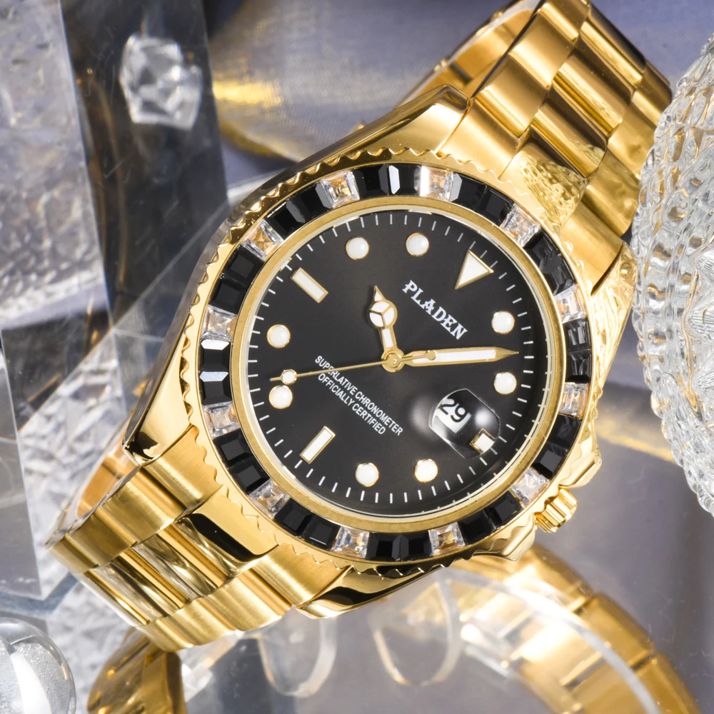 

PLADEN 18K Gold Mens Watches Top Brand Luxury Black Lab Diamond Analog Round AAA Quartz Wristwatches Swimming Male Jewelry Gift