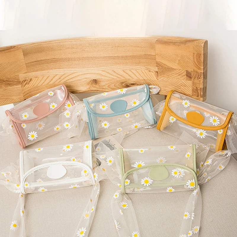 

Small Daisy Mesh Transparent Women's Shoulder Bag Fashion PU Leather Mobile Phone Bag Mini Messenger Bag