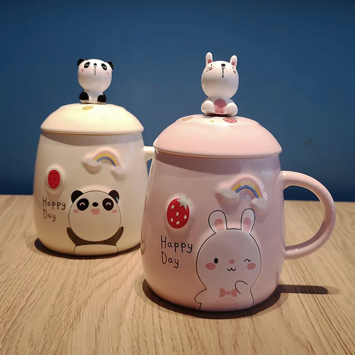 Taza con tapa y cuchara para niña, vaso de agua de cerámica para el hogar, taza de café con leche, taza Kawaii, Tazas de animales de dibujos animados para amigos