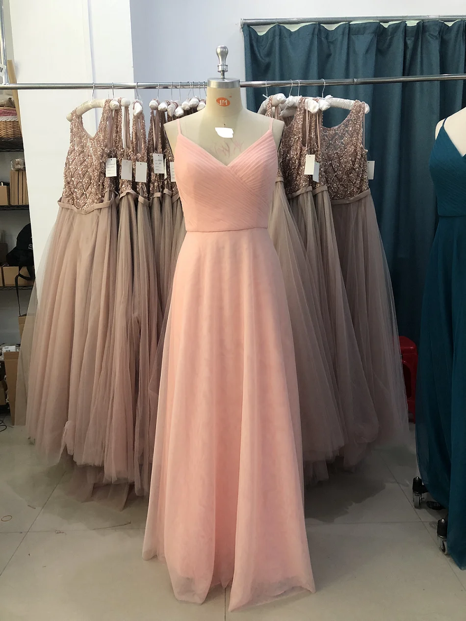 

Soft Pink Tulle Chiffon long bridesmaid dress 2022 V-neck luckgirls mocini tailor-Broken code on sale