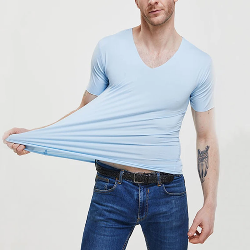 

2020 Men Summer Elastic T-Shirt V-Neck Short Sleeve T Shirt For Male Solid Color Quick-drying Basic Tee Man Clothing Size M-5XL